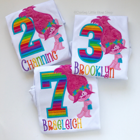 Trolls Birthday Shirt or bodysuit for girls in rainbow colors ANY AGE - Darling Little Bow Shop