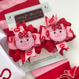 Valentine Bows -- Hogs & Kisses pig hairbows, Pigtail Bow Set for Valentines Day - Darling Little Bow Shop