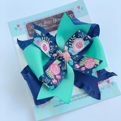 Navy Floral Bow - 4-5" navy layered bow - Darling Little Bow Shop