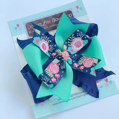 Navy Floral Bow - 4-5" navy layered bow