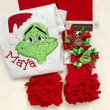 Girls Grinch face shirt or bodysuit for girls - red and green mean one - Darling Little Bow Shop
