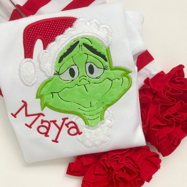 Girls Grinch face shirt or bodysuit for girls red and green mean one