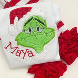 Girls Grinch face shirt or bodysuit for girls - red and green mean one - Darling Little Bow Shop