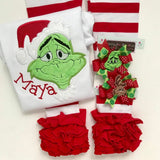Girls Grinch face shirt or bodysuit for girls - red and green mean one - Darling Little Bow Shop
