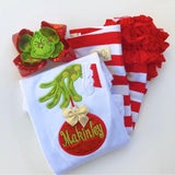 Girls Grinch shirt or bodysuit for girls - red and green mean one hand and ornament - Darling Little Bow Shop