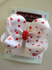 Valentine Hearts hairbow -- 6” or 4-5" red and white hearts hairbow with optional headband