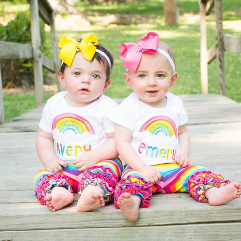 Rainbow Ruffle capris - Counting Rainbows - Striped knit ruffle capris in a rainbow of colors - FREE SHIPPING - Limited Quantities - Darling Little Bow Shop