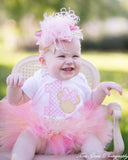 Pink and Gold First Birthday Tutu Outfit -- Miss Mouse pink and gold -- bodysuit, leg warmers, tutu, Over The Top bow in pink and gold - Darling Little Bow Shop