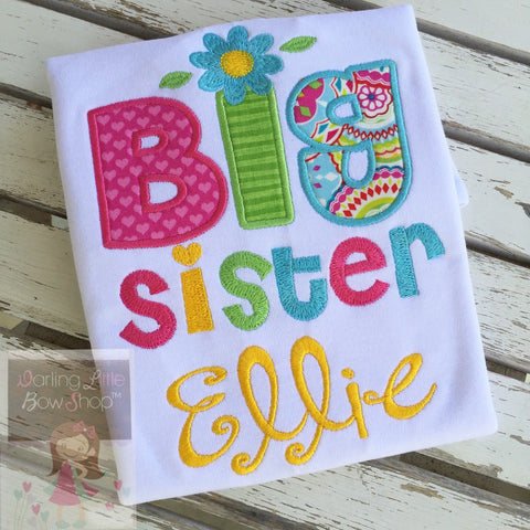 Big or Little Sister Shirt or Big Cousin Shirt -- personalized shirt in bright colors in hot pink, turquoise, green, yellow - Darling Little Bow Shop