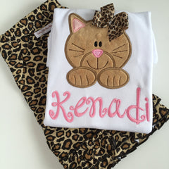 Kitten shirt for girls - Kitty cat shirt or bodysuit - sweet kitty shirt in tan and pink, leopard print bow - color changes welcomed