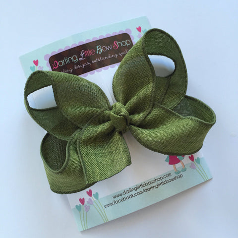 Olive Green Bow, Olive Green Hairbow, green burlap 4-5" hairbow - Darling Little Bow Shop
