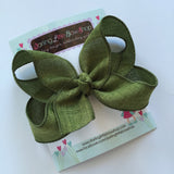 Olive Green Bow, Olive Green Hairbow, green burlap 4-5" hairbow - Darling Little Bow Shop
