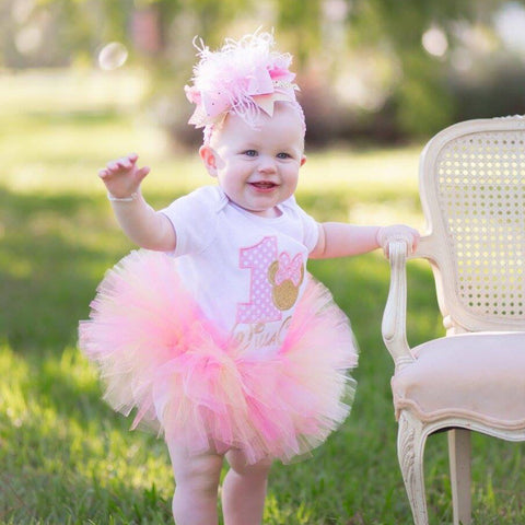 Pink and Gold First Birthday Tutu Outfit -- Miss Mouse pink and gold -- bodysuit, leg warmers, tutu, Over The Top bow in pink and gold - Darling Little Bow Shop