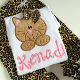 Kitten shirt for girls - Kitty cat shirt or bodysuit - sweet kitty shirt in tan and pink, leopard print bow - color changes welcomed - Darling Little Bow Shop