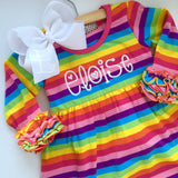 Rainbow Ruffle Dress -- sweet monogrammed knit long sleeve dress sizes 12m through 8 in rainbow stripes - Darling Little Bow Shop