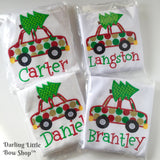 Christmas bodysuit or Shirt for Boys -- Deck The Halls -- cute car hauling home a Christmas Tree, red, green and gold - Darling Little Bow Shop