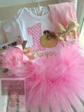 Girls Pink and Gold Pumpkin Outfit for 1st Birthday - This Pumpkin is 1 - tutu, bodysuit, leg warmers and Over The Top bow/headband - Darling Little Bow Shop