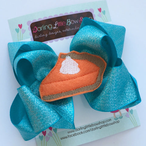 Pumpkin Pie Bow -- Thanksgiving Bow -- Sweet As Pie -- shimmery peacock blue, pumpkin and tan with pumpkin pie center - Darling Little Bow Shop