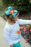 Pumpkin Pie Bow -- Thanksgiving Bow -- Sweet As Pie -- shimmery peacock blue, pumpkin and tan with pumpkin pie center - Darling Little Bow Shop