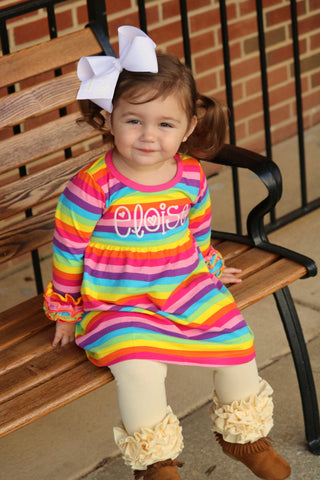 Rainbow Ruffle Dress -- sweet monogrammed knit long sleeve dress sizes 12m through 8 in rainbow stripes - Darling Little Bow Shop