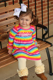 Rainbow Ruffle Dress -- sweet monogrammed knit long sleeve dress sizes 12m through 8 in rainbow stripes - Darling Little Bow Shop