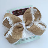 Burlap Bow -- burlap and lace large 6-7" bow - Darling Little Bow Shop