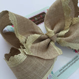 Burlap Bow, burlap and gold large 6" bow, burlap look perfect for Well Dressed Wolf Joy, A King Is Born - Darling Little Bow Shop