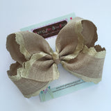 Burlap Bow, burlap and gold large 6" bow, burlap look perfect for Well Dressed Wolf Joy, A King Is Born - Darling Little Bow Shop