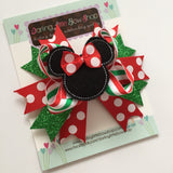 Miss Mouse Bow - Christmas Miss Mouse Bow in red and sparkly green - Darling Little Bow Shop - Darling Little Bow Shop