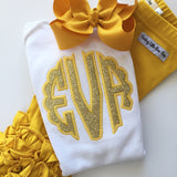 Girl or Baby Girl Shirt or Bodysuit with name - Ruffle Monogram, beautiful scalloped edge monogram in gold and yellow, colors can be changed - Darling Little Bow Shop