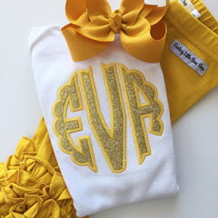 Girl or Baby Girl Shirt or Bodysuit with name - Ruffle Monogram, beautiful scalloped edge monogram in gold and yellow, colors can be changed