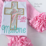 Easter Shirt or Bodysuit for girls -- He Is Risen -- Easter shirt with cross of Jesus and Luke 24:6 in beautiful pastels, aqua, pink, gold - Darling Little Bow Shop