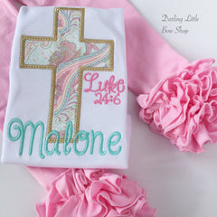 Easter Shirt or Bodysuit for girls -- He Is Risen -- Easter shirt with cross of Jesus and Luke 24:6 in beautiful pastels, aqua, pink, gold