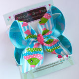 Fish bow -- Rainbow Fish -- blue fish hairbow with optional headband -- light blue, hot pink, lime green - Darling Little Bow Shop