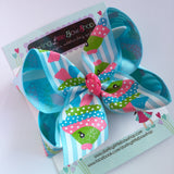 Fish bow -- Rainbow Fish -- blue fish hairbow with optional headband -- light blue, hot pink, lime green - Darling Little Bow Shop