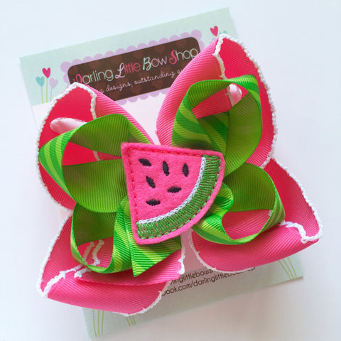 Watermelon bow -- Summertime Sweetness -- pink and apple green polka dots -- Darling Little Bow Shop - Darling Little Bow Shop