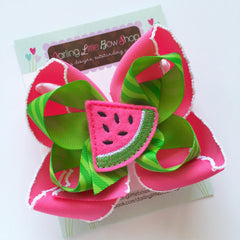 Watermelon bow -- Summertime Sweetness -- pink and apple green polka dots -- Darling Little Bow Shop