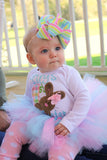 Baby Girl Easter Tutu Outfit, My 1st Easter Bunny Outfit, First Easter Chocolate Bunny bodysuit, leg warmers, bow -- pastel aqua, pink, mint - Darling Little Bow Shop