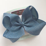 Denim look Bow - denim blue large 6" bow - Darling Little Bow Shop