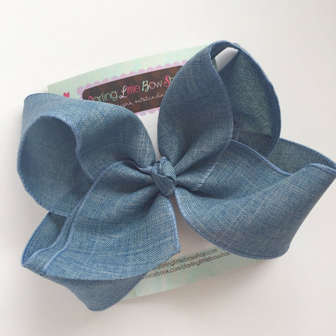 Denim look Bow - denim blue large 6" bow - Darling Little Bow Shop
