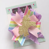 Unicorn Bow, Pastel rainbow ribbons with golden unicorn center - Darling Little Bow Shop