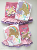 Unicorn Bow, Pastel rainbow ribbons with golden unicorn center - Darling Little Bow Shop