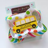 School Bus bow - fun 5" rainbow double stacked bow with school bus center - Darling Little Bow Shop