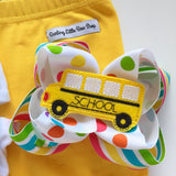 School Bus bow - fun 5" rainbow double stacked bow with school bus center - Darling Little Bow Shop