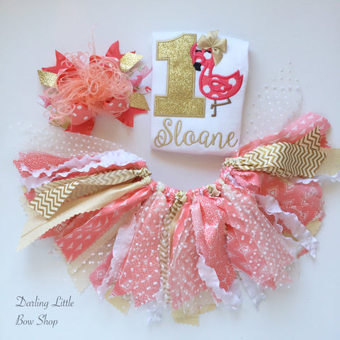 Flamingo Tutu Outfit -- Coral and Gold Flamingo Birthday Outfit - Darling Little Bow Shop