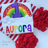 Baby Girl 1st Birthday Bodysuit  or shirt -- Rainbow Dreaming -- primary colors with beautiful rainbow and 1 - Darling Little Bow Shop
