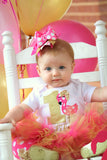 Flamingo First Birthday Outfit in Hot Pink and Gold - Fancy Flamingo - bodysuit, leg warmers, tutu, bow in hot pink and gold - Darling Little Bow Shop