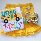 School Bus bow - fun 5" rainbow double stacked bow with school bus center - Darling Little Bow Shop