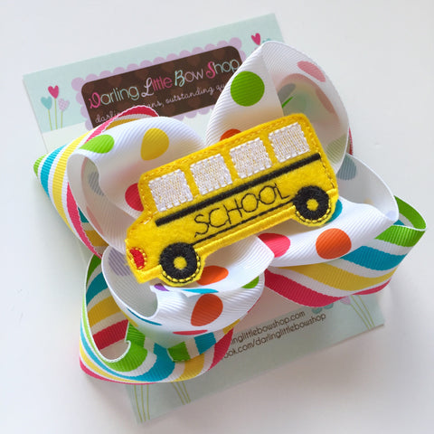 School Bus bow - fun 5" rainbow double stacked bow with school bus center - Darling Little Bow Shop