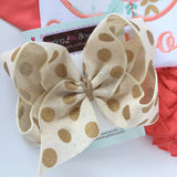 Burlap Bow -- ivory with gold polka dots 6" bow - Darling Little Bow Shop